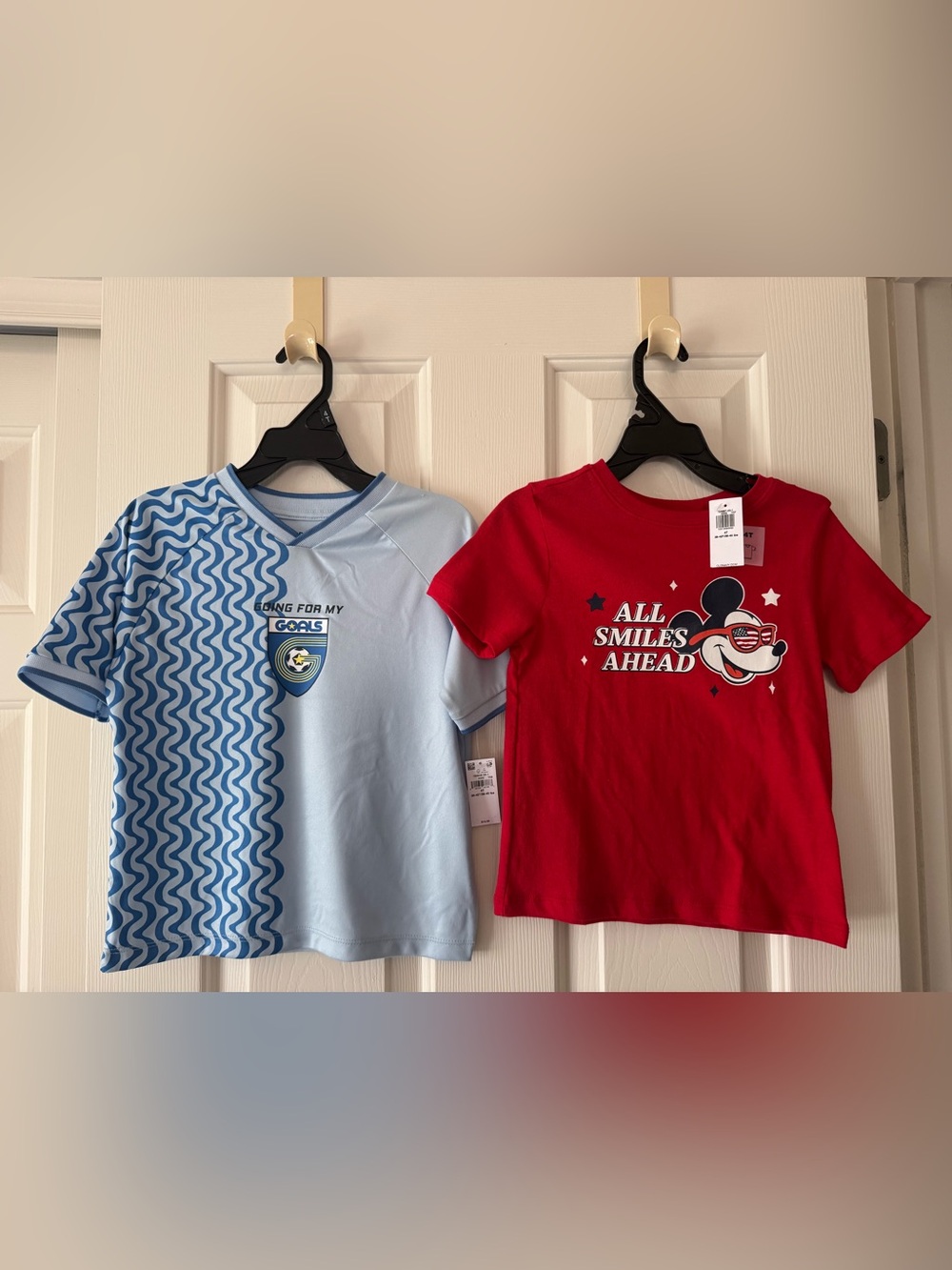 NWT- Two 4T shirts! Old Navy Light Blue soccer shirt & Red Disney Tee